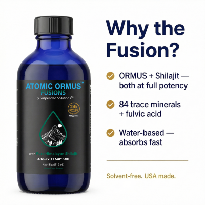 Atomic Ormus Fusions: Shilajit supplement bottle by Suspended Solutions