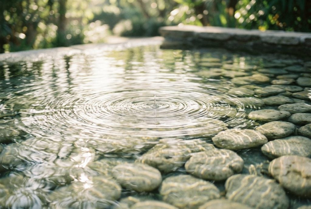 Gentle ripples spreading across clear still water over smooth stones in soft morning light