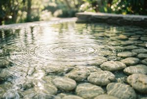 Gentle ripples spreading across clear still water over smooth stones in soft morning light