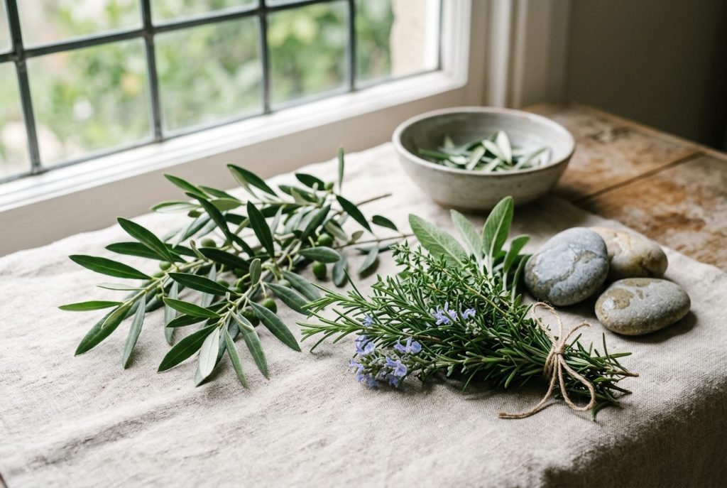 Fresh olive and rosemary sprigs with smooth stones on natural linen beside a sunlit window