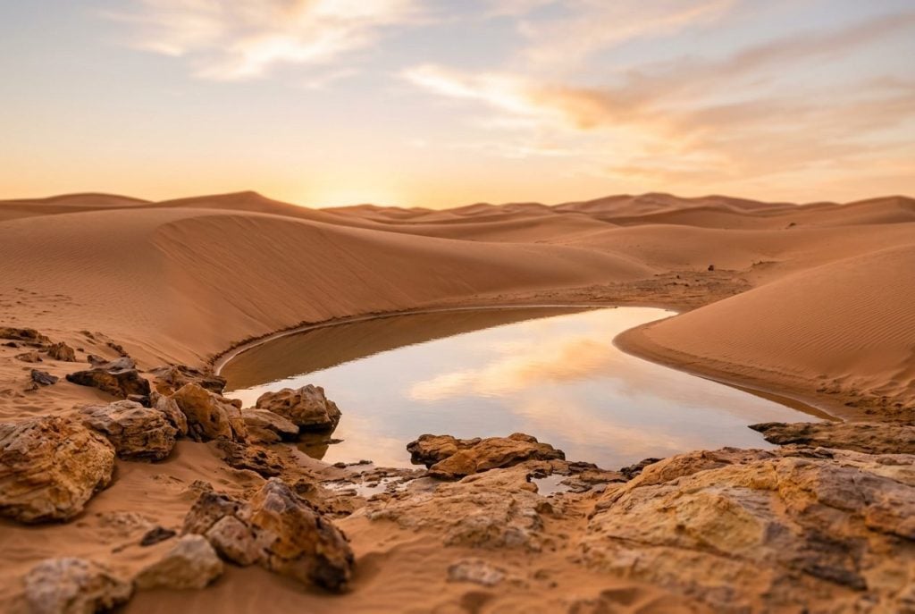 Still pool of water among sand dunes and mineral-rich rocks at golden hour