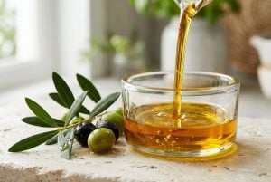 Golden olive oil pouring into a glass dish beside an olive sprig on pale stone