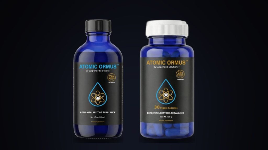 Atomic Ormus liquid glass bottle next to the Atomic Ormus capsule bottle